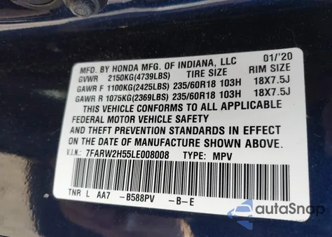 2020 Honda Cr-V Awd Ex z USA, uszkodzony, nr VIN 7FARW2H55LE008008